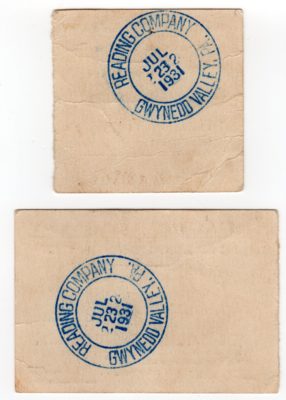 4500_212b_Reading Railroad Ticket Stubs_Gwynedd Valley to Reading Terminal and Return_Pre-Inaugural Excursion on New Electric Train_23 Jul 1931_Back