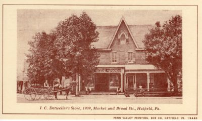4500_242_Hatfield PA 1976 Reproduction Postcard_I C Detweiler's Store_Market and Broad Streets_1909